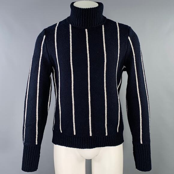 BLACK FLEECE Size M Navy White Pinstripe Wool Blend Turtleneck Sweater - Picture 1 of 5